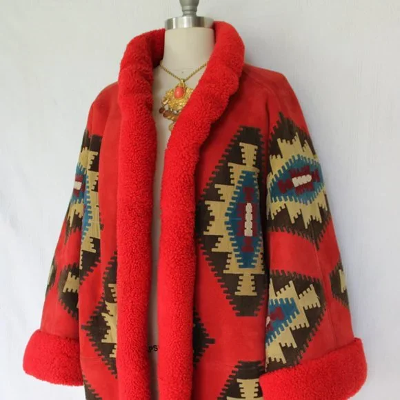 Vintage Valentino Boutique Shearling leather suede Aztec Tribal jacket coat - Picture 5 of 13
